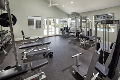 Fitness center amenity at Crystal Springs apartments in Fountain Valley.
