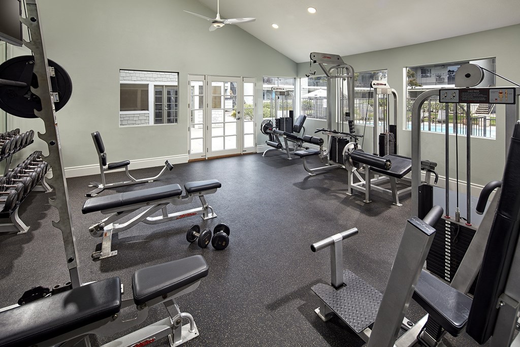 Fitness center amenity at Crystal Springs apartments in Fountain Valley.