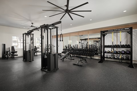 Weight training fitness center amenity at City Lights at Town Center Apartments in Aliso Viejo