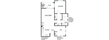 Floor plan 1B. One bedroom, one bath at Elan at River Oaks in San Jose.