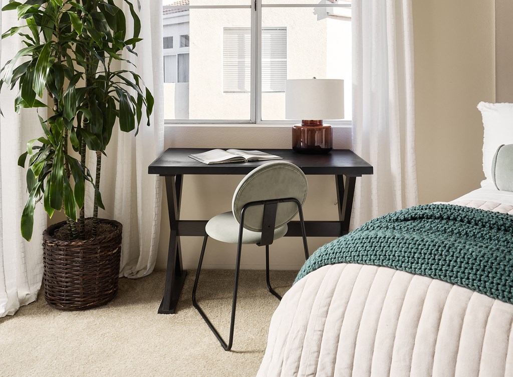 A room with a bed, desk, chair, and a potted plant at Valentia Apartments in La Jolla.