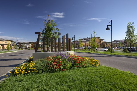 Apartment complex monument sign at Zenith Meridian apartments in Englewood.