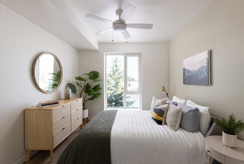Model bedroom at Canopy Apartments in Shoreline