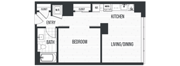 Floor plan 1A. A one bedroom, one bath floor plan at The Quincy in Downtown Denver.