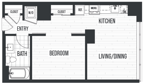 Floor plan 1A. A one bedroom, one bath floor plan at The Quincy in Downtown Denver.