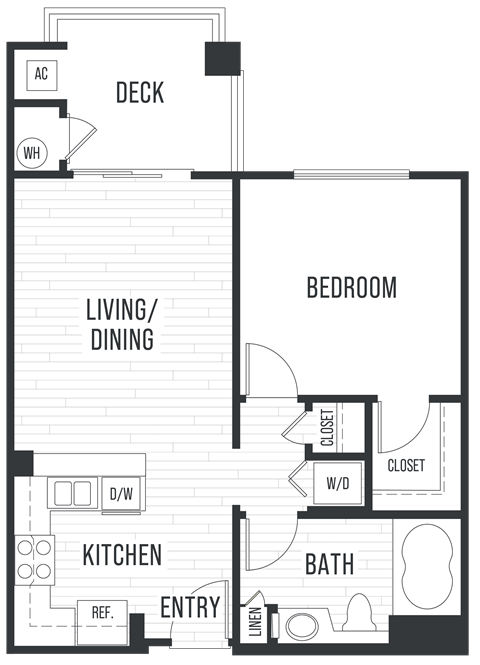 Floor plan 1A. One bedroom, one bath at City Lights at Town Center apartments in Aliso Viejo.