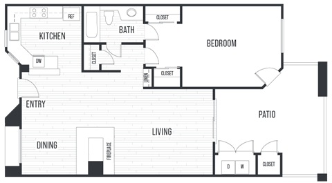 Floor plan 1A. One bedroom, one bath at Valentia Apartments in San Diego.