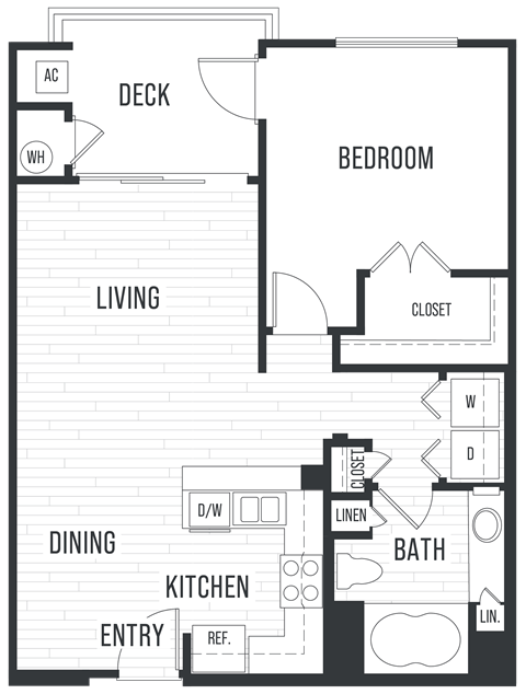 Floor plan 1B. One bedroom, one bath at City Lights at Town Center apartments in Aliso Viejo.