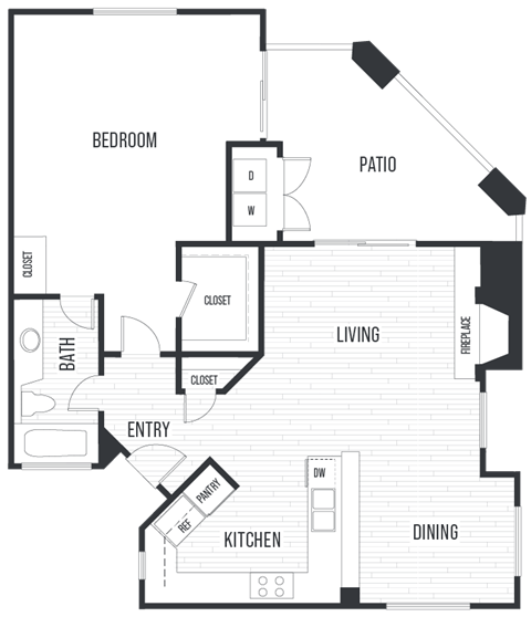 Floor plan 1B. One bedroom, one bath at Valentia Apartments in San Diego.