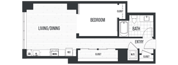 Floor plan 1C. A one bedroom, one bath floor plan at The Quincy in Downtown Denver.