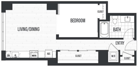 Floor plan 1C. A one bedroom, one bath floor plan at The Quincy in Downtown Denver.
