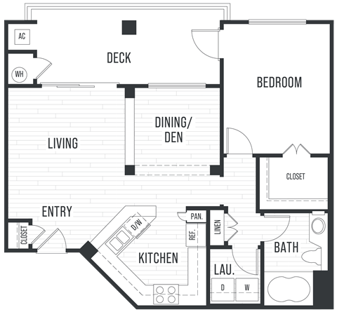 Floor plan 1C. One bedroom, one bath at City Lights at Town Center apartments in Aliso Viejo.