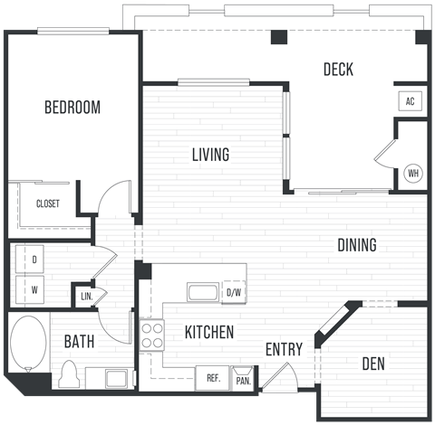 Floor plan 1D. One bedroom, one bath at City Lights at Town Center apartments in Aliso Viejo.