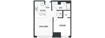 Floor plan 1D. A one bedroom, one bath floor plan at The Quincy in Downtown Denver.