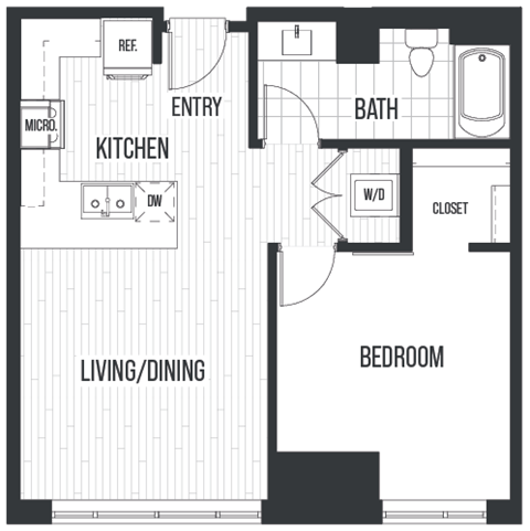Floor plan 1D. A one bedroom, one bath floor plan at The Quincy in Downtown Denver.