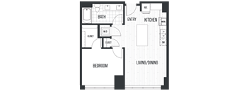 Floor plan 1E. A one bedroom, one bath floor plan at The Quincy in Downtown Denver.