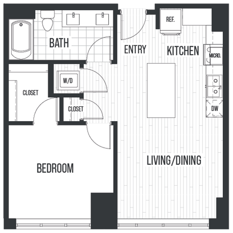 Floor plan 1E. A one bedroom, one bath floor plan at The Quincy in Downtown Denver.