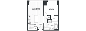 Floor plan 1F. A one bedroom, one bath floor plan at The Quincy in Downtown Denver.