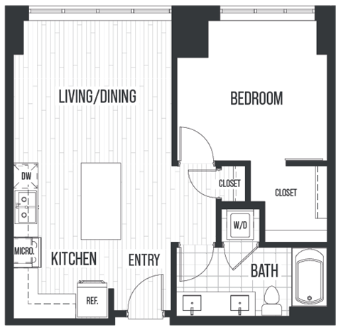 Floor plan 1F. A one bedroom, one bath floor plan at The Quincy in Downtown Denver.