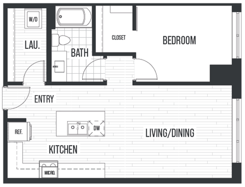Floor plan 1G. A one bedroom, one bath floor plan at The Quincy in Downtown Denver.