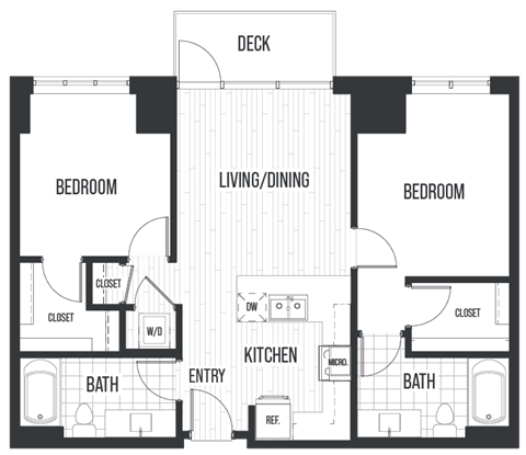 Floor Plan 2A. A two bedroom, two bath floor plan at The Quincy in Downtown Denver.