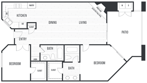 Floor plan 2A. Two bedroom, two baths at Valentia Apartments in San Diego.