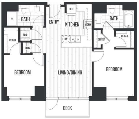 Floor Plan 2B. A two bedroom, two bath floor plan at The Quincy in Downtown Denver.
