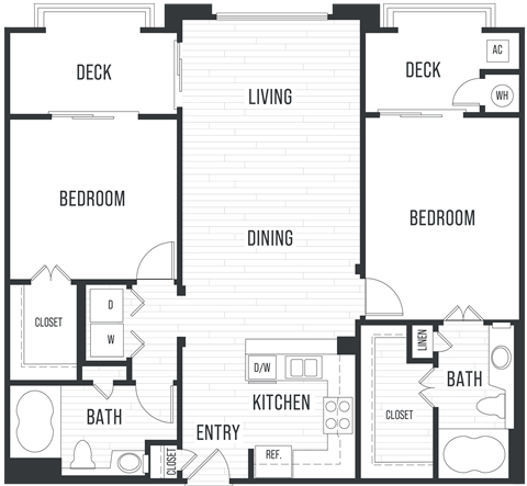 Floor plan 2B. Two bedroom, two bath at City Lights at Town Center apartments in Aliso Viejo.