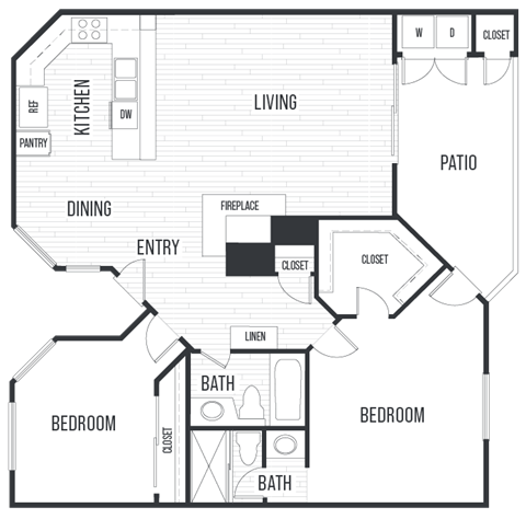 Floor plan 2B. Two bedroom, two baths at Valentia Apartments in San Diego.