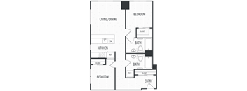 Floor plan 2C. A two bedroom, two bath floor plan at Leeward Apartments in Seattle.
