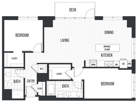 Floor Plan 2C. A two bedroom, two bath floor plan at The Quincy in Downtown Denver.