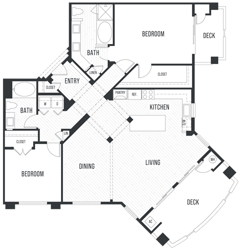 Floor plan 2D. A two bedroom, two bath floor plan at City Lights Apartments in Aliso Viejo.
