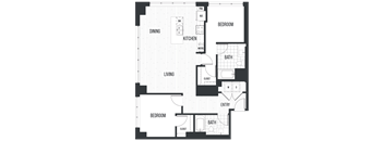 Floor Plan 2D. A two bedroom, two bath floor plan at The Quincy in Downtown Denver.