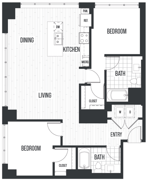 Floor Plan 2D. A two bedroom, two bath floor plan at The Quincy in Downtown Denver.