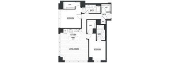 Floor Plan 2E. A two bedroom, two bath floor plan at The Quincy in Downtown Denver.