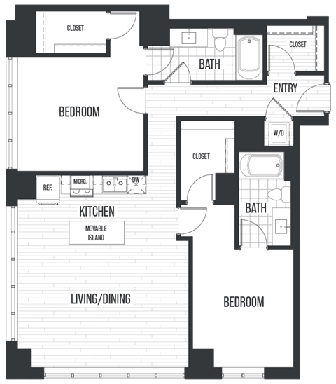 Floor Plan 2E. A two bedroom, two bath floor plan at The Quincy in Downtown Denver.