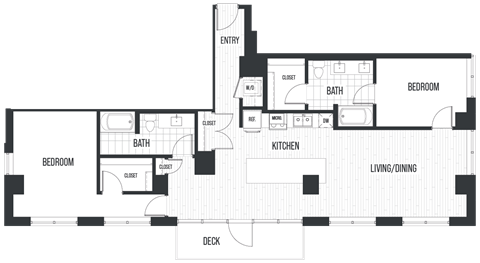 Floor Plan 2G. A two bedroom, two bath floor plan at The Quincy in Downtown Denver.