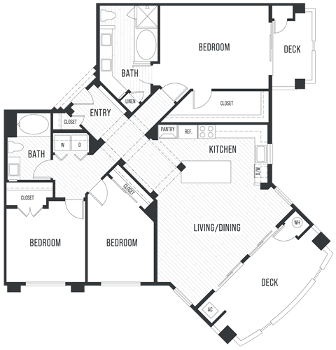 Floor plan 3A. Three bedroom, two bath at City Lights Apartments in Aliso Viejo.
