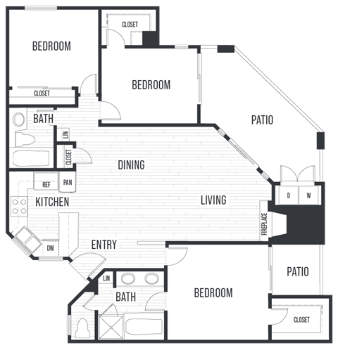 Floor plan 3A. Three bedroom, two baths at Valentia Apartments in San Diego.