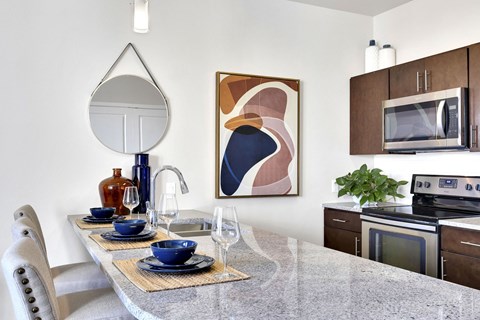 Closeup of the granite countertops in studio kitchen at The York on City Park in Denver