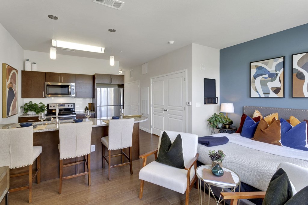 Studio floor plan living and bedroom area at The York on City Park in Denver