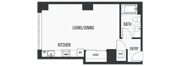 Floor Plan SA. A studio, one bath floor plan at The Quincy in Downtown Denver.