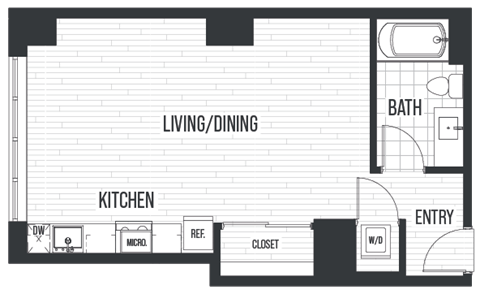 Floor Plan SA. A studio, one bath floor plan at The Quincy in Downtown Denver.