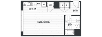 Floor Plan SB. A studio, one bath floor plan at The Quincy in Downtown Denver.