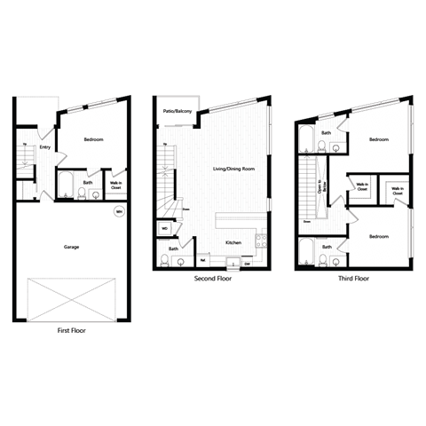 Floor plan T1. A three bedroom, three and a half bath townhome floor plan at Chroma Apartments in Highlands Ranch