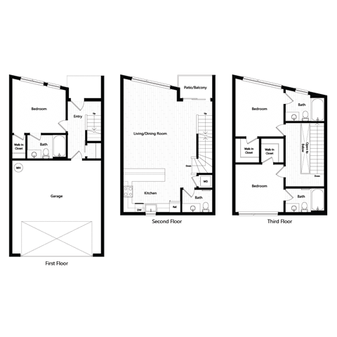 Floor plan T2. A three bedroom, three and a half bath townhome floor plan at Chroma Apartments in Highlands Ranch
