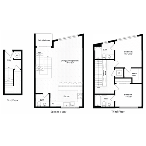 Floor plan T5. A three bedroom, two and a half bath townhome floor plan at Chroma Apartments in Highlands Ranch