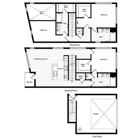 Floor plan T6. A three bedroom, three bath townhome floor plan at Chroma Apartments in Highlands Ranch