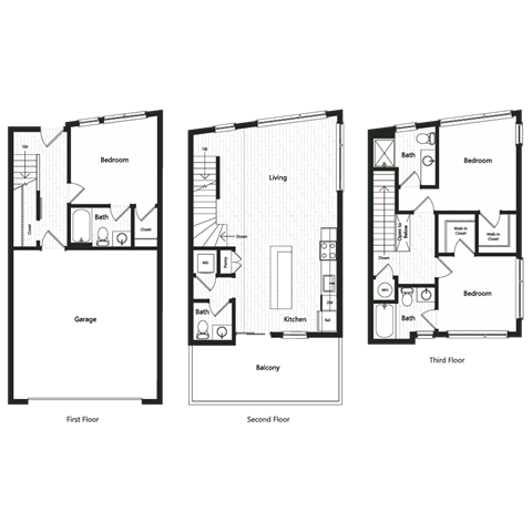 Floor plan T7. A three bedroom, three and a half bath townhome floor plan at Chroma Apartments in Highlands Ranch
