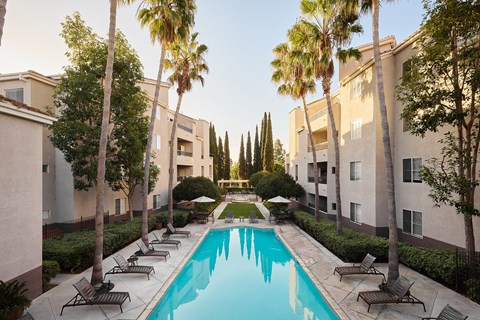 A swimming pool surrounded by palm trees and lounge chairs  at Valentia Apartments in La Jolla.